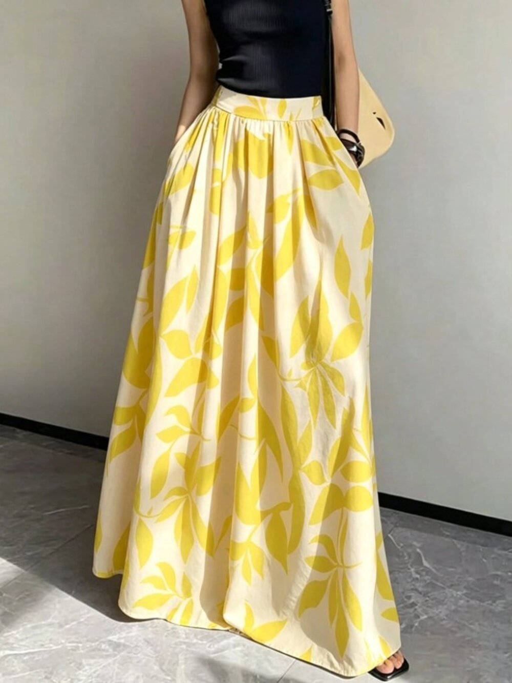 Yellow Leaf Print Maxi Skirt with Full A-Line Silhouette